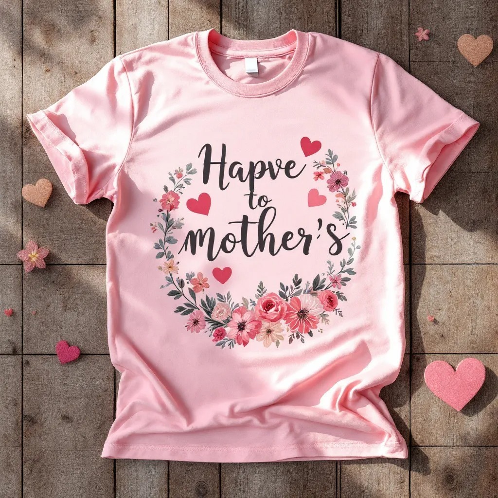 Hapve To Mother’s Floral Wreath T-Shirt – Pink Heart & Flower Graphic Tee-Photoroom