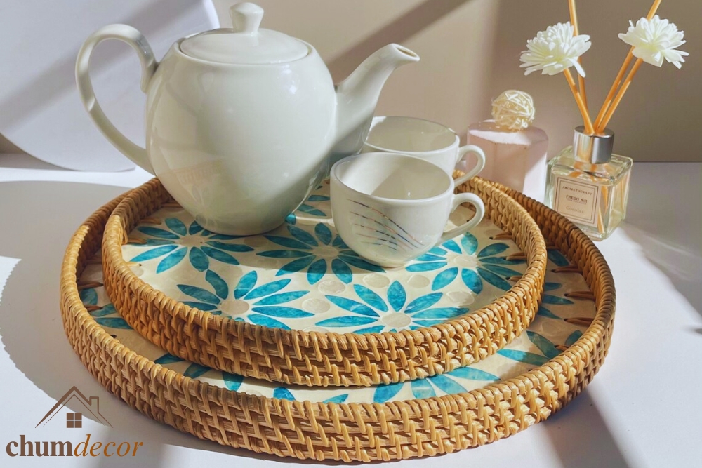 Blue Floral Mother of Pearl Rattan Tray Set Blue Floral Mother of Pearl Rattan Tray Set