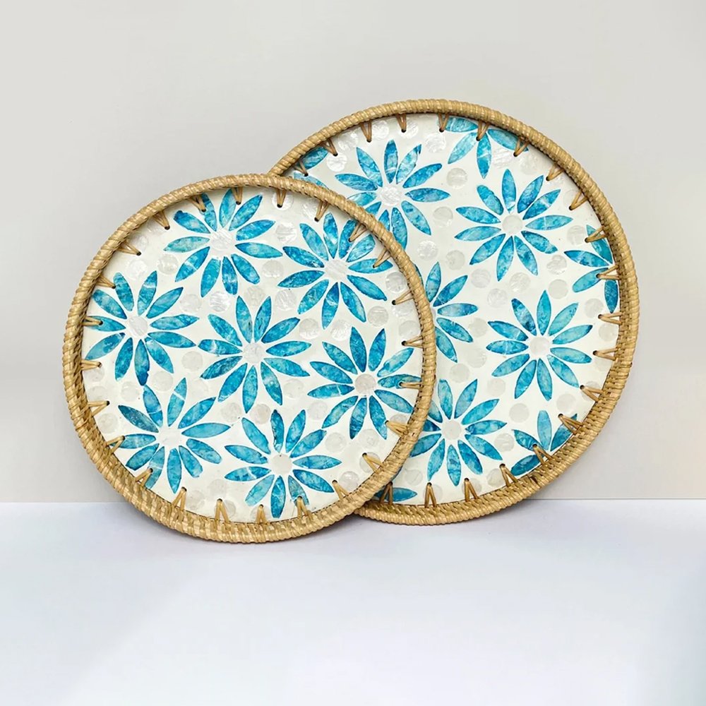Round Rattan Mother of Pearl Tray Set Decorative Serving Trays Blue Mainn