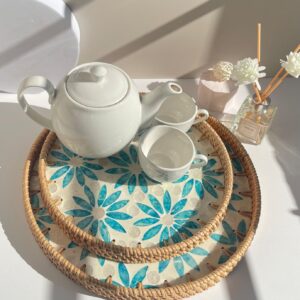 Round Rattan Mother of Pearl Tray Set Decorative Serving Trays Blue7