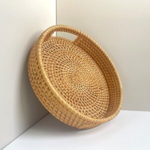 Round Rattan Serving Tray with Handles Natural Wicker Decorative Trays 3