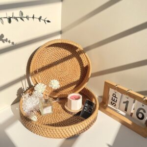 Round Rattan Serving Tray with Handles Natural Wicker Decorative Trays 6