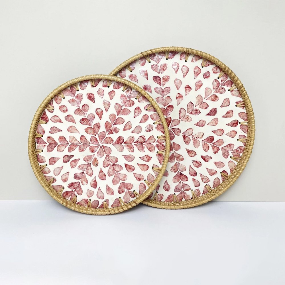 Round Rattan Tray with Mother of Pearl Inlay Pink Floral Set Decorative Set Main