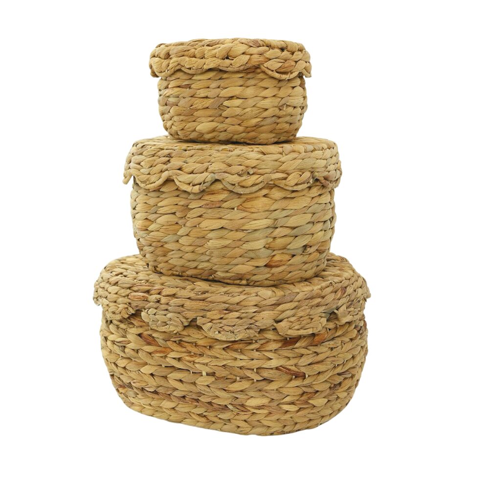 Scalloped Seagrass Baskets with Lids – Set of 3 Round Wicker Storage Boxes Chumdecor
