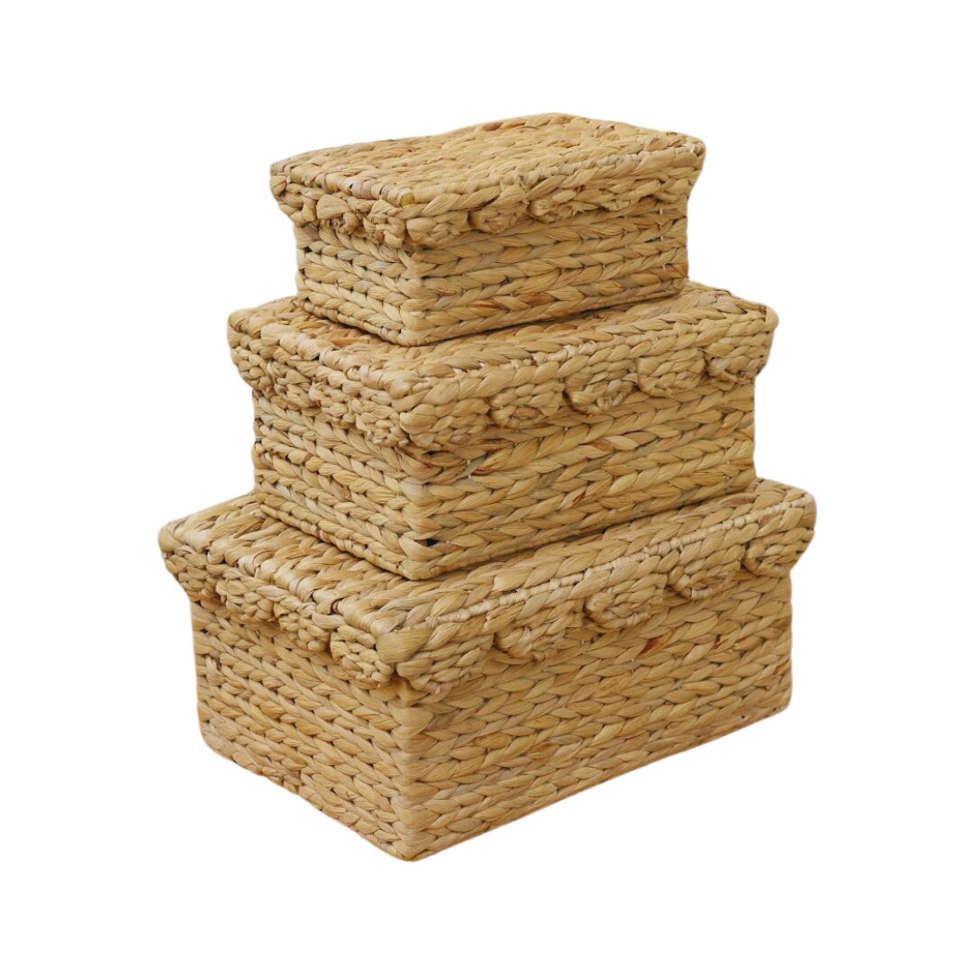 Set of 3 Rectangular Scalloped Wicker Baskets with Lids