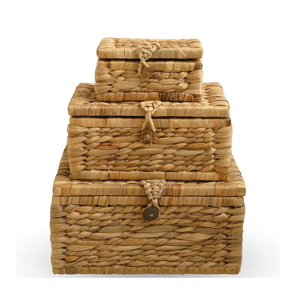 Set of 3 Wicker Storage Baskets with Lids and Wooden Frame1 1